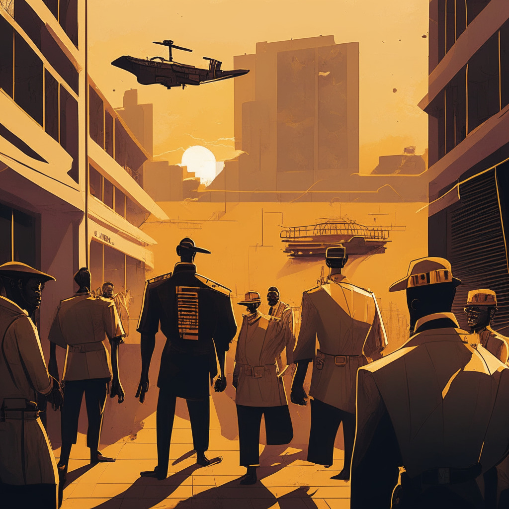 A dramatic scene of a crypto tech standoff in Nairobi: A stylized tableau paints tension between old and new, tradition and innovation. Blocky, surrealistic police figures swarm a modern, elegant, and sleek warehouse under the African sun's golden hues, probing for secrets. The mood strikingly combines an air of intrigue with a discordant note of confrontation.