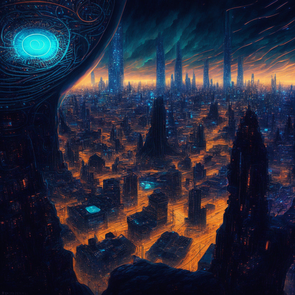 Futuristic metropolis with glowing structures resembling iris patterns over Argentina and Kenya landscapes, dusk lighting setting, intense crowds of diverse people with one eye highlighted, reminiscent of Van Gogh's Starry Night swirls, reflecting both anticipation and apprehension, alluding to data privacy intricacies and revolutionary economic access, in a cyberpunk style.