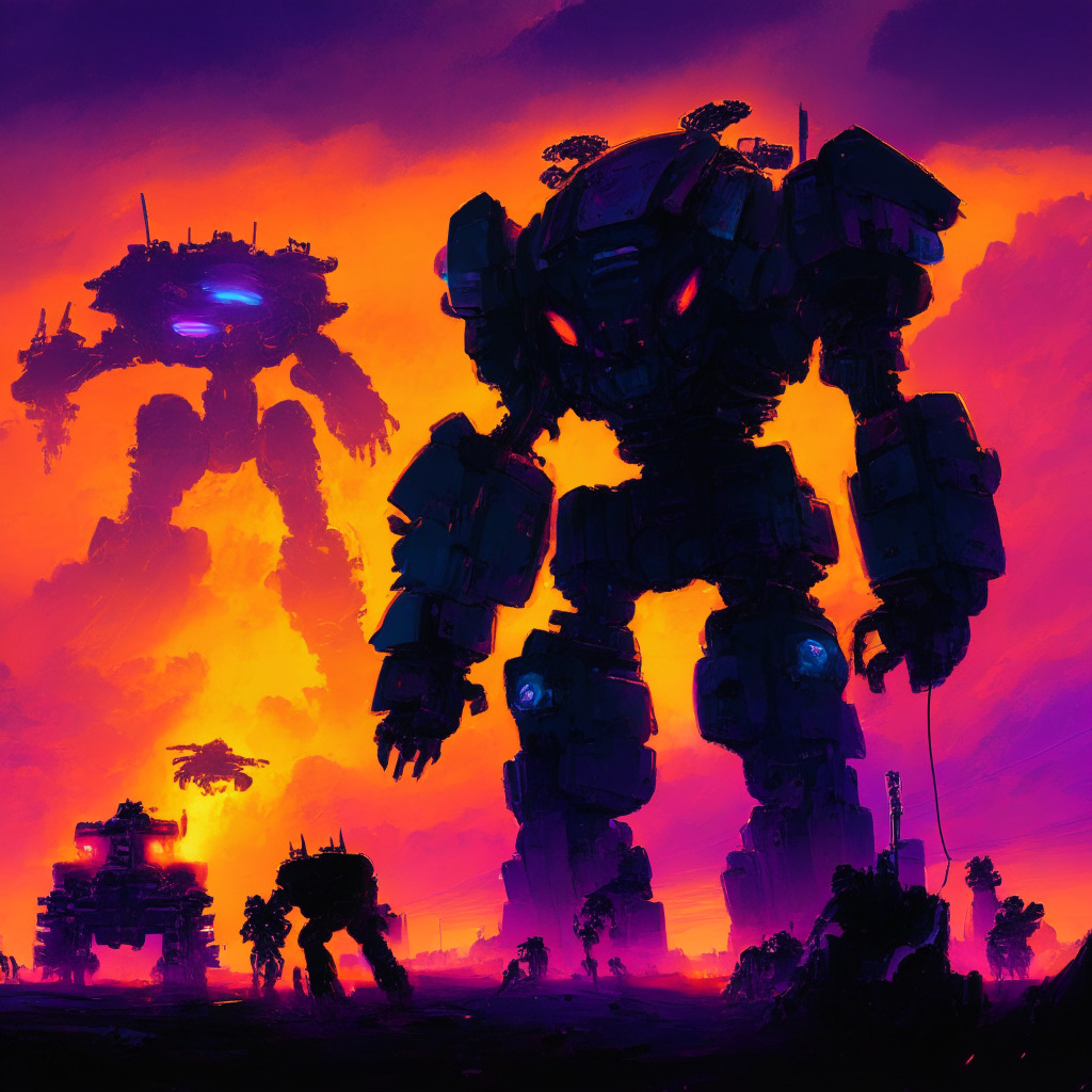 Virtual battlefield under a sunset glow, filled with gigantic mechanized robots, inspired by Cyberpunk art style. Leaden clouds hover above, painting a stirring, high-stakes atmosphere. Key characters, Curtis, Jimmy, Gary, and Blue, loom in the backdrop. Diverse mech parts shimmer with neon lights dotting the spectacle, conveying a sense of thrilling anticipation.