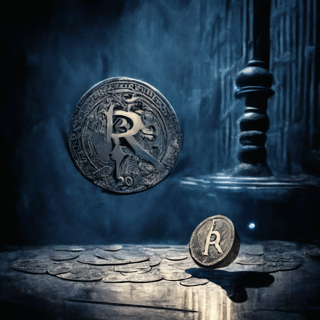 A gloomy financial market in turmoil, a silver coin with the XRP logo taking a plunge, shadow of a gavel indicating an ongoing lawsuit in the background. Art Nouveau style art, spotlight focused on the plummeting coin, low-light, late evening setting hinting at a downturn with potential resurgence, a tense yet hopeful mood hanging in the air.