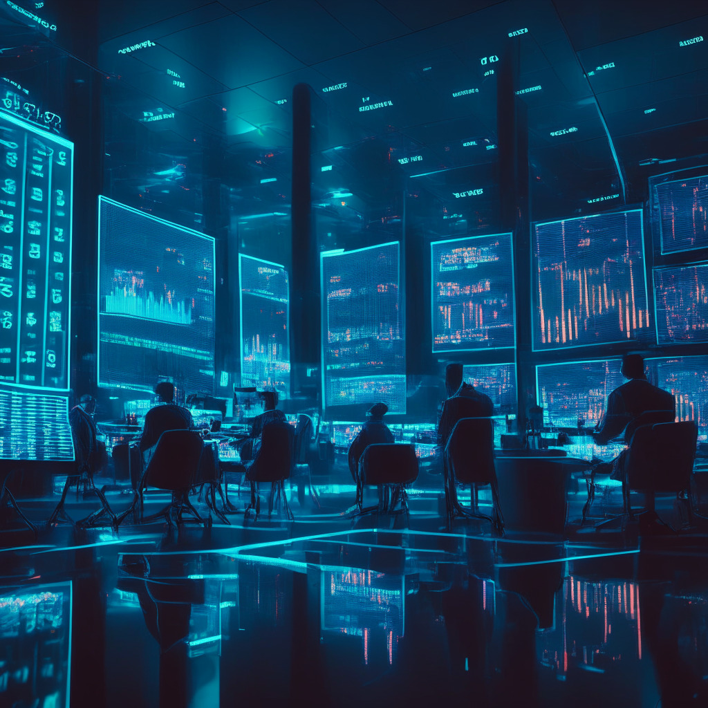 Futuristic trading floor scene at dusk, filled with holographic screens displaying various cryptocurrency graphs including XRP, Bitcoin, Ether, ADA. Creating an intense mood of market hustle, traders engrossed in contemplative decision-making. Muted colors, sharp lines and illumination from screens casting reflective glow on surrounding surfaces.