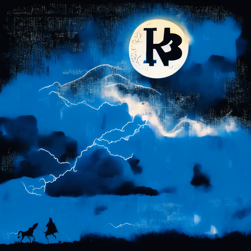 A chart plummeting with an overlay of a stormy sky representing XRP's price decline, infused with Impressionistic brush strokes. Legal documents, symbolizing court proceedings, scattered amidst. Silhouettes of digital coins fading into the background signify caution in the market. Illumination from a dim lantern indicates uncertain and weak sentiment. A hint of sunrise peeping in the far horizon suggest a potential rebound.