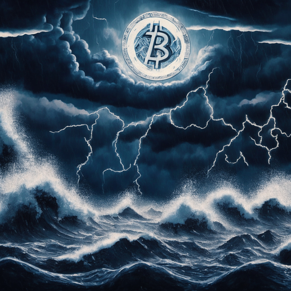 A stormy cryptocurrency market backdrop with tumultuous waves representing market volatility, a scale balancing XRP coins and question marks, symbolizing risk and uncertainty. The market ground shows a 28% dip to underline the recent decline. A silver lining pierces gloom, indicates a potential bounce-back. The mood is cautious yet hopeful, illuminated under twilight’s soft glow. Artistic style should be semi-realistic.