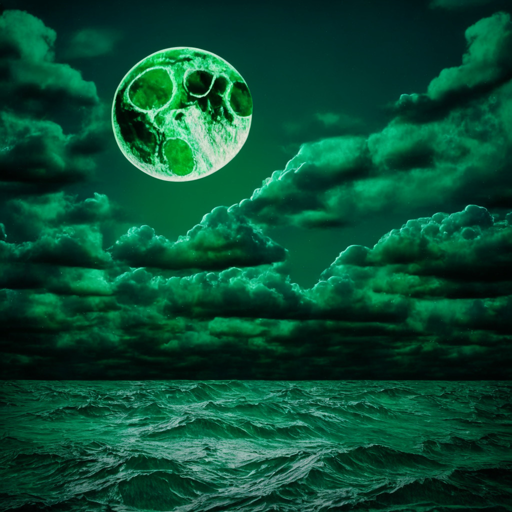 A green-tinted XRP cryptocurrency coin, signifying slight growth against a backdrop of a cloudy bearish stock-market sky. The coin stands as a resilient figure under a dim moonlight, giving a sense of a looming recovery despite despair. Ripple waves surround the coin, symbolizing the company's strategic wins.