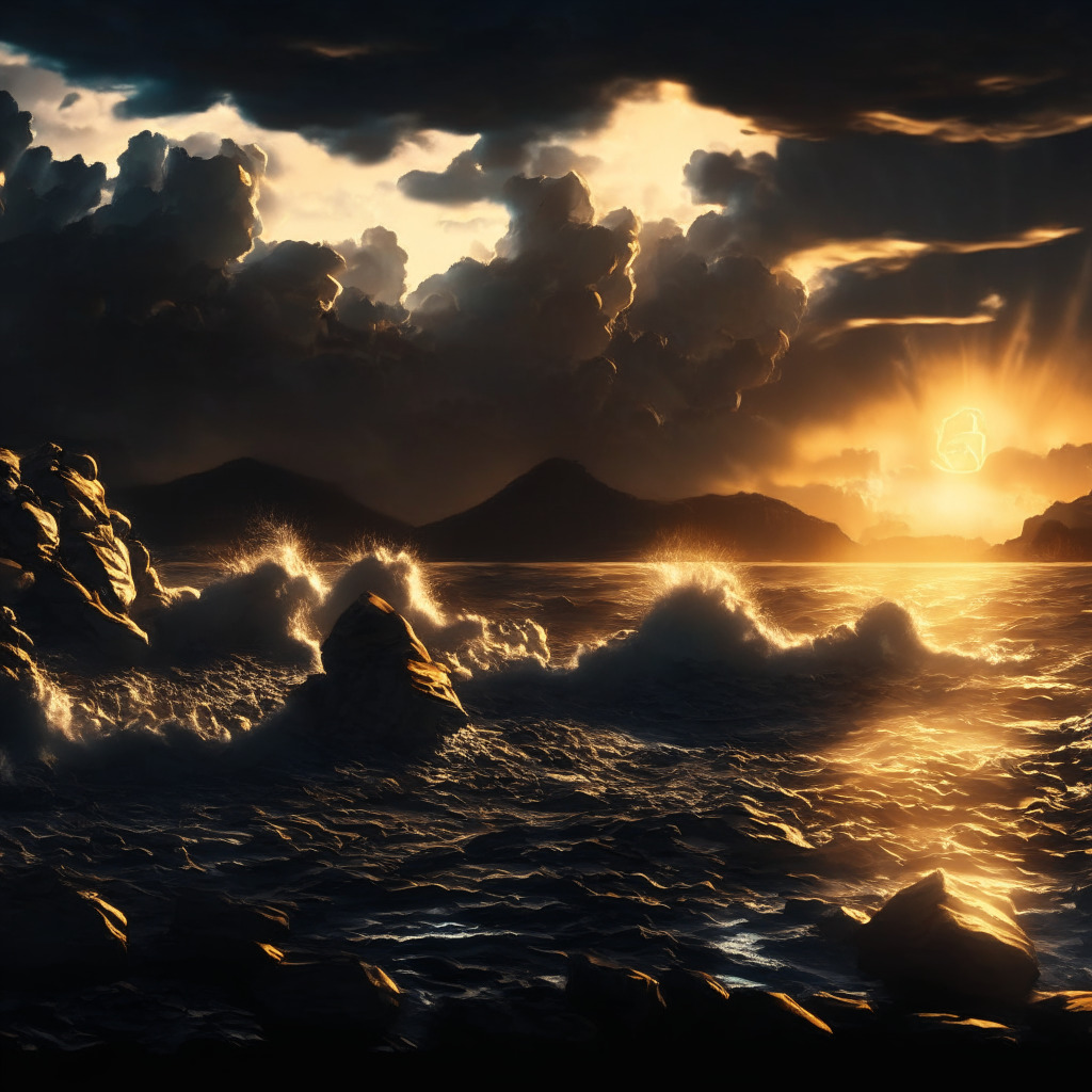 A cinematic scene of a rocky road reflecting turbulence, highs and lows of a cryptocurrency journey, set at dusk with the last rays of light caressing the terrain. Dramatic chiaroscuro shadows hint at uncertainty. An ethereal glow portrays hopeful resurgence, embodying resilience of XRP amidst turmoil. Ominous clouds anchor the scene, representing market volatility, yet an optimistic golden horizon reassures of potential revival.