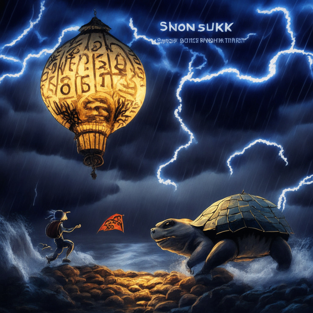 A mystical contrast of two cryptos - XRP and SONIK - in a stormy, volatile market. Picture encapsulates XRP's slow, hopeful ascent and SONIK's speedy leap. Market ambiance under a dramatic, turbulent Chinese lantern lit sky. Foreground whispers XRP's sluggish progress, depicted as an aging tortoise, while SONIK, a bold, sprinting hedgehog, embodies the younger, rapidly rising altcoin. Late twilight setting exudes uncertainty, anticipation, and excitement. Art echoes an 'East-meets-West' fusion style.