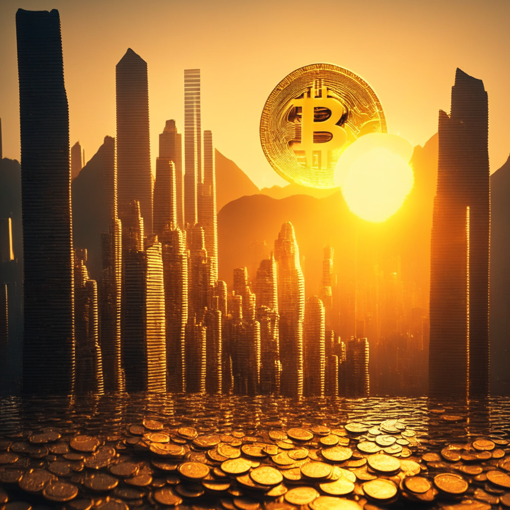 A futuristic Hong Kong skyline bathed in a golden sunset light, Bitcoin coins aglow as if radiating sunlight themselves, a seed sprouting from one, symbolic of growth. The mood should be optimistic and hopeful, capturing the essence of mainstream adoption of Bitcoin. An underlying sense of anticipation, representative of the uncertainty and challenges ahead, a rollercoaster subtly woven into the cityscape, symbolizing the volatile journey of Bitcoin. This image should have an impressionism art style, with the visible brush strokes adding more drama and dynamism to the scene.