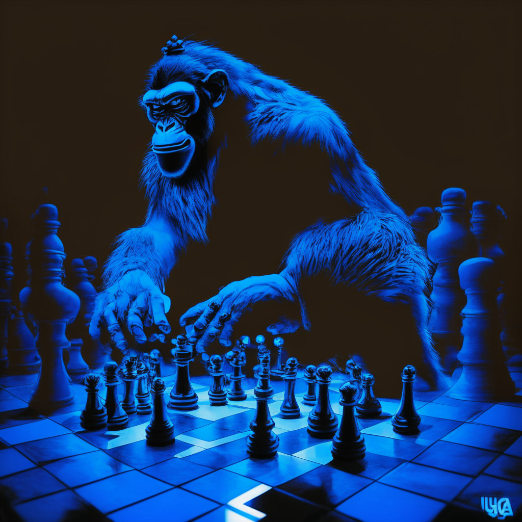 A strategic chess move in the digital world, Yuga Labs pivoting away from a prominent NFT marketplace, the background awash with vibrant Midnight blue symbolizing the evolving NFT universe. Dominant in the scene, a defiant ape representative of BAYC community, emboldened in bold, fierce lines promoting strength in advocating for creator royalties. Mutely glowing in the background, Transparent Opalescent orbs painting the struggle between creator rights and market economics, adding soft underlit tension to the scene with chiaroscuro effect. The overall mood is of unwavering resolve, signalling a definitive tilt towards creator-focused paradigm.