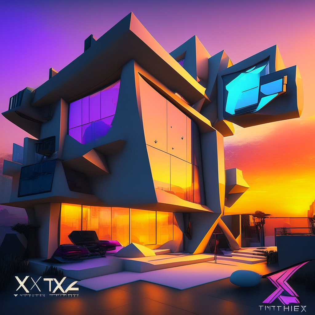 A vibrant 3D metaverse scene infused with cubist elements, illuminating the dawn-mist with a sunrise-palette light. Display a vast array of sleek futuristic digital homes, each given a unique touch, signifying the potential 4,000 ZTX-based homes. Showcase bustling creators working hard, silhouetted against the discerning light, hinting at an unwavering commitment to building the metaverse future. Beam of light from glowing wristbands indicated as powered by ZTX Partner Wearables. The mood should carry a sense of cautious optimism, hinting at potential risks yet a promising future.