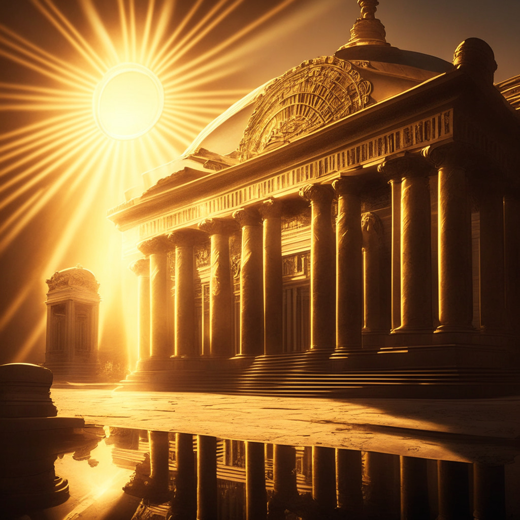A grandiose bank in Zimbabwe at sunrise, reflecting golden rays on architectural details, in the style of the Renaissance. A Bitcoin-styled coin, being transforming into a glistening gold, indicates a digital token. Shadows hint at skepticism, yet hopeful undertones punctuate the scene.