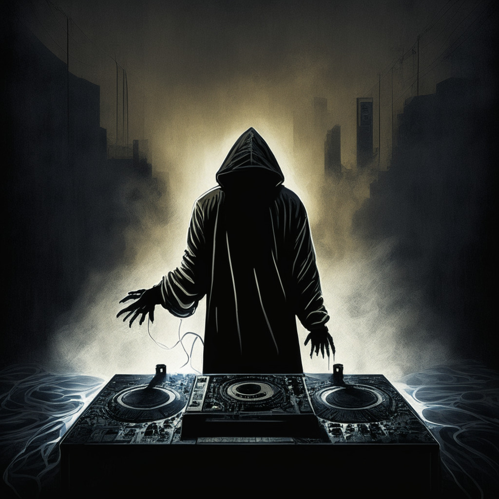 A detailed and dramatic scene focused on a DJ at the crossroads, cloaked by darkness, representing uncertainty. Use a strong, contrasting light to spotlight an old-fashioned key representing his association with the social platform. Incite a mood of suspense and unsettling ambivalence, and employ a surrealistic art style to emphasize the fragmented nature of the crypto world. Unknown waves stemming from 'Automated Market Maker' and 'exit liquidity' concepts surround the figure like an abyssial threat. Incorporate touches of Twitter's trademark blue in the scenery for a subtle nod to the platform's role.