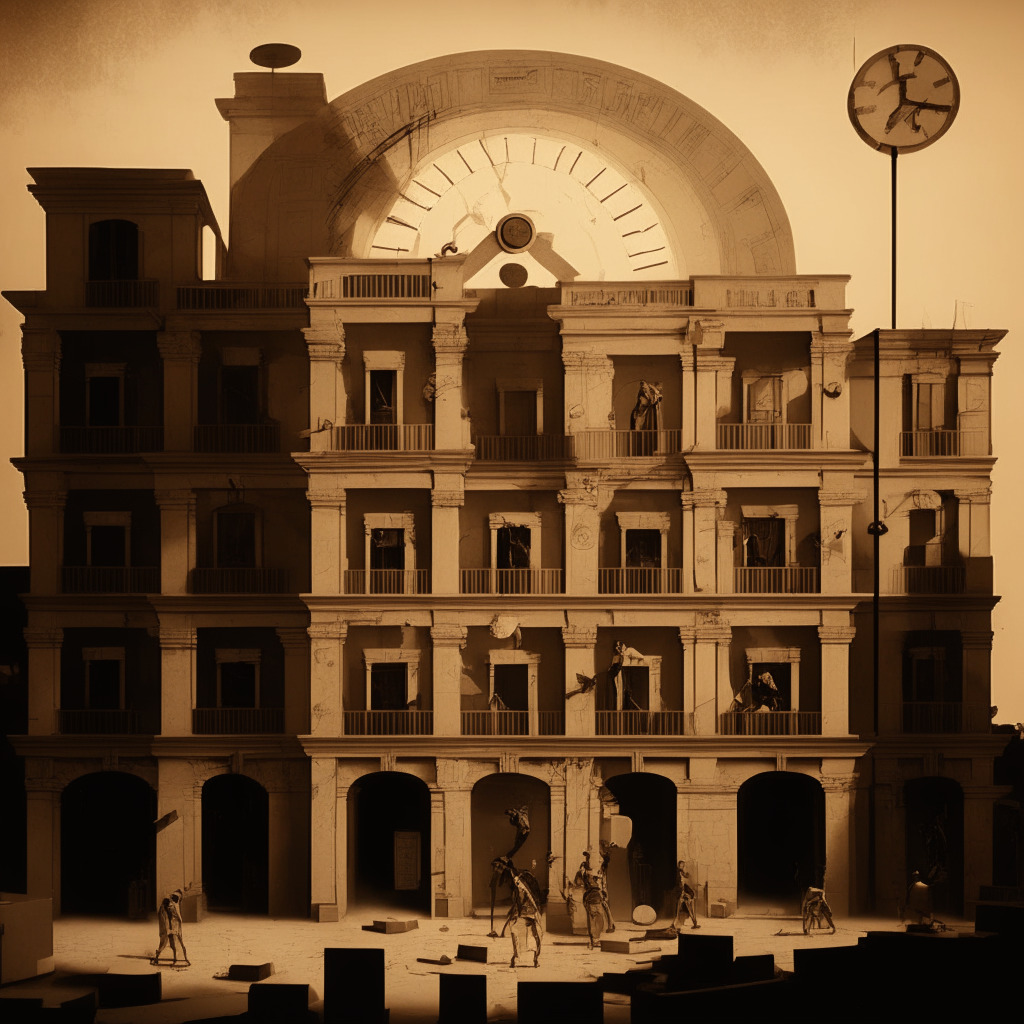 Digital representation of Paxos' architectural headquarters, Bitcoin symbols etched in building walls, under a sepia-toned twilight sky, hinting blunders and confusion. Streets brimming with translucent miner figures, wielding pickaxes, symbolizing the mining community. Tension fills the scene, carefully arranged clock towers in each corner representing differing time zones, causing subtle chaos. Miniature version of Bitcoin being returned to the same building, underlining redemption. Art style reminiscent of surrealist Salvador Dali, with exaggerated dimensions and dreamy, intense contrasts, reflecting complexity and drama of the event.