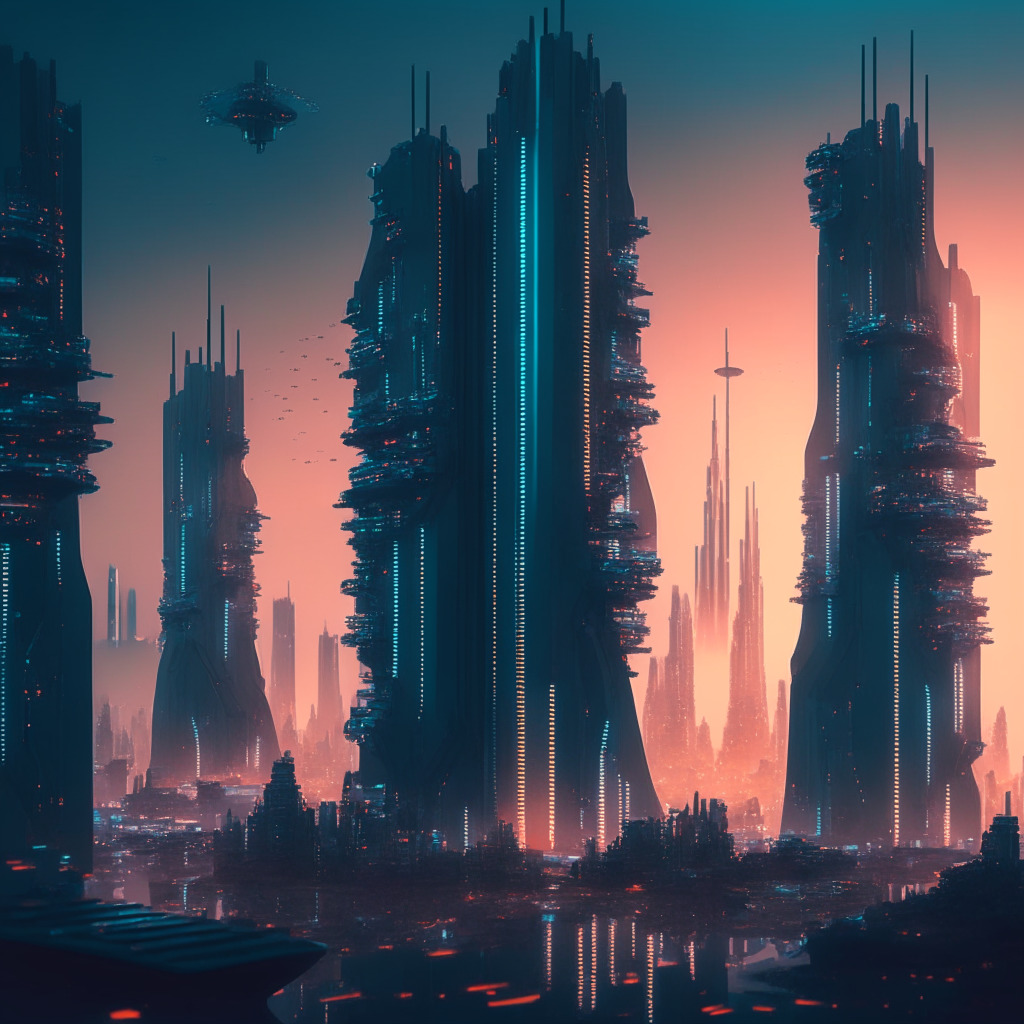 A futuristic dystopian cityscape at dusk, bathed in the ethereal hue of an augmented reality realm. A foreground of AI 'digital twins' carrying out tasks, trading cryptocurrency. Mid-ground, AI-powered analytics predicting market trends. Skyline of high-rise buildings, rendering digital models into images, with neural networks as architectural details, symbolizing technological advancements. Artistic style: hyperrealism, highlighting the interplay of AI and crypto in a captivating, neon palette. Mood: Exciting yet cautious, balancing opportunity with responsibility.