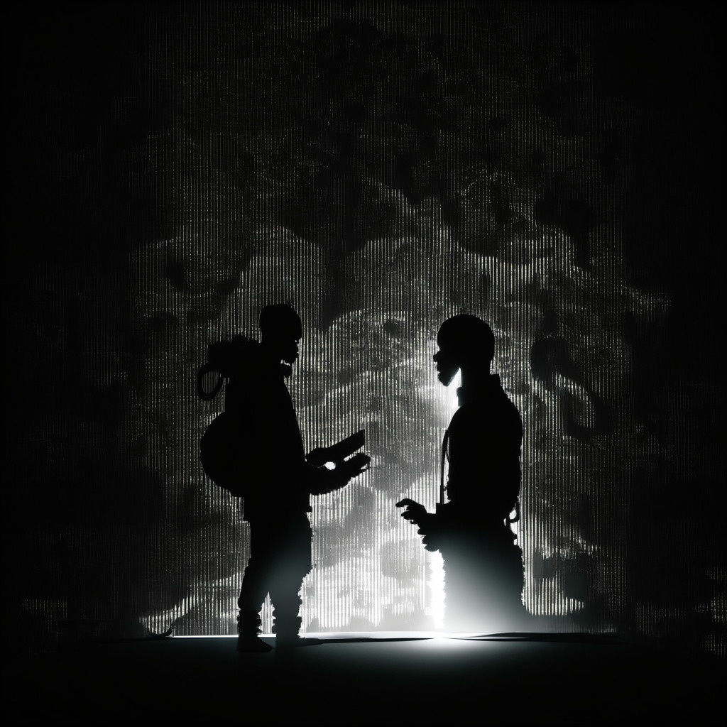 An AI-generated song in the style of a hip-hop Grammy exhibit, a silhouette of Drake rapping into a microphone crafted from circuits and software lines, under a dramatic spotlight casting both light and shadow, in an atmosphere of tension and uncertainty. A ghost-like figure symbolizing Ghostwriter lingers in the background, evoking a mood of mystery and innovation. No brands or logos present.