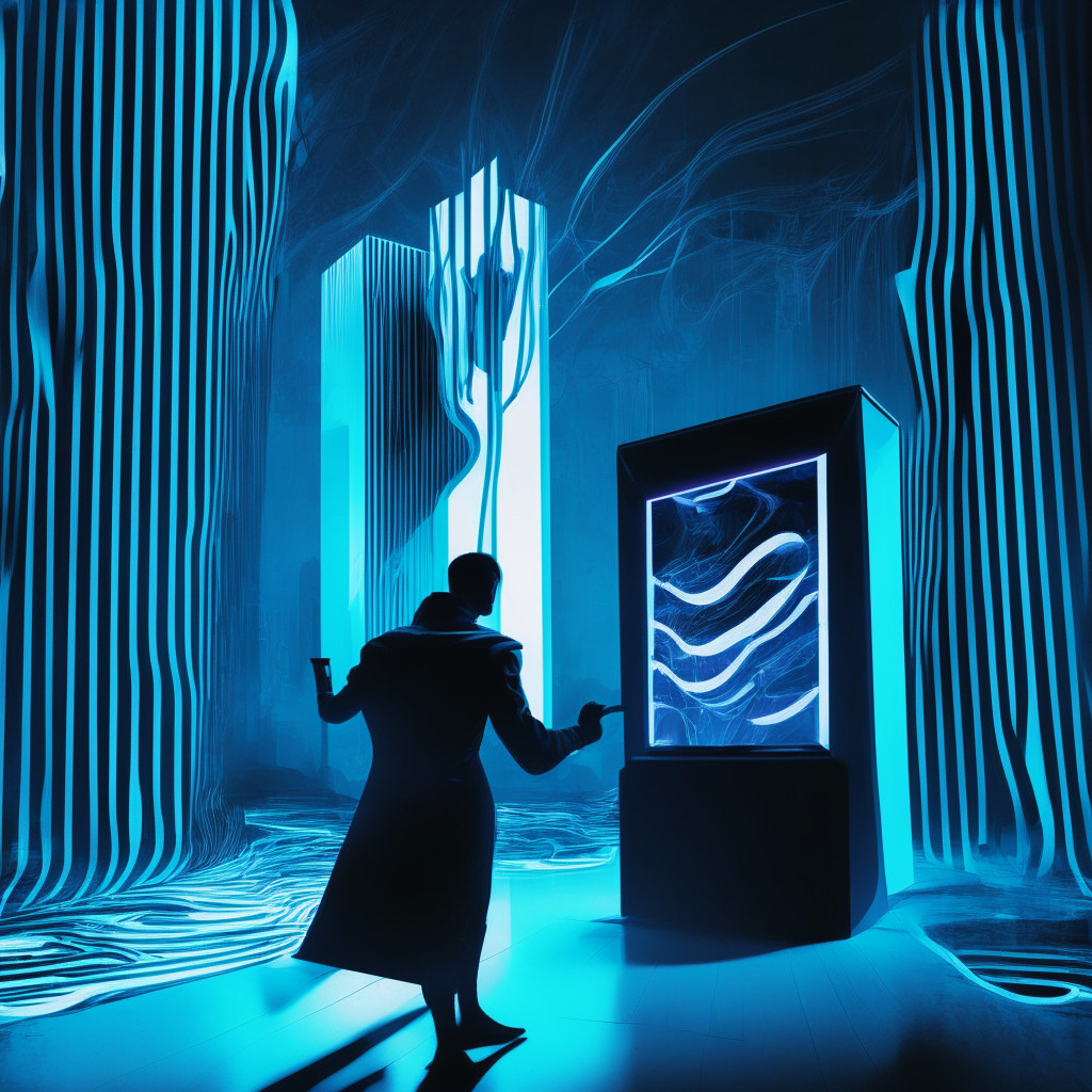 A futuristic voting booth with the silhouette of a voter casting a ballot, an algorithmic swirl in the foreground, AI coded images scattered subtly across the background. Artistic style reminiscent of a dystopian tech noir, with cold, low light setting giving a hint of stark reality. Dominant colors: monotone grays, blues and neon accents. The overall mood is sober and vigilant, indicating a potential threat AI plays in a democratic process.