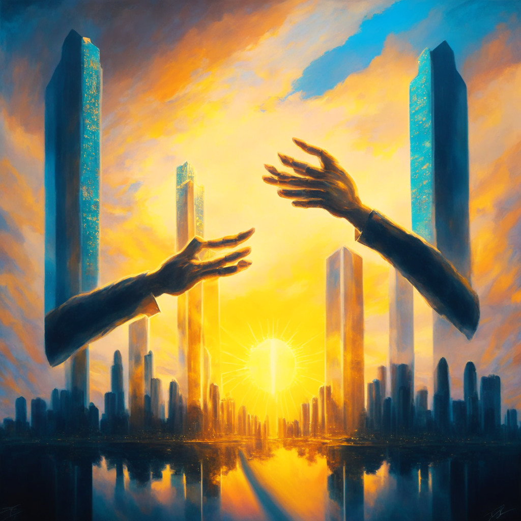Two hands shaking under a sky full of cirrus clouds and setting sun, all cast in oil painting style reminiscent of Monet. One hand American, the other Vietnamese, each holding a floating holographic AI chip. Background shows futuristic skyscrapers reflecting the warm rays. Mood is hopeful yet tense, symbolizing a partnership amid a competitive tech landscape.