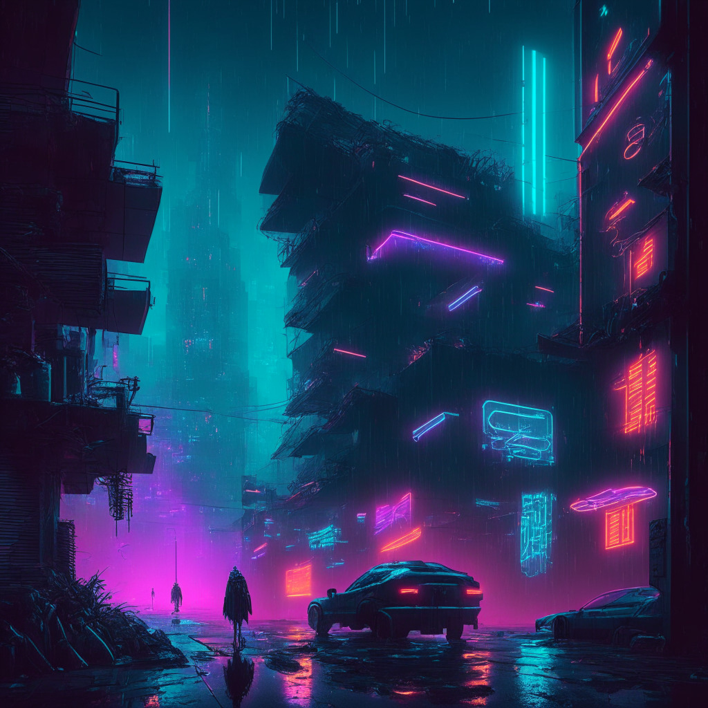 A dystopian cyberpunk cityscape, Streets bathed in an eerie neon light, Foreboding shadows looming over the scene, Holographic AI figures ingeniously attempting cyber scams against unsuspecting targets, Symbols of cryptocurrency scattered subtly throughout the scene, Subtle signs representing a high tech security fortress combating the AI threats, Mood of uncertainty and tension palpable.