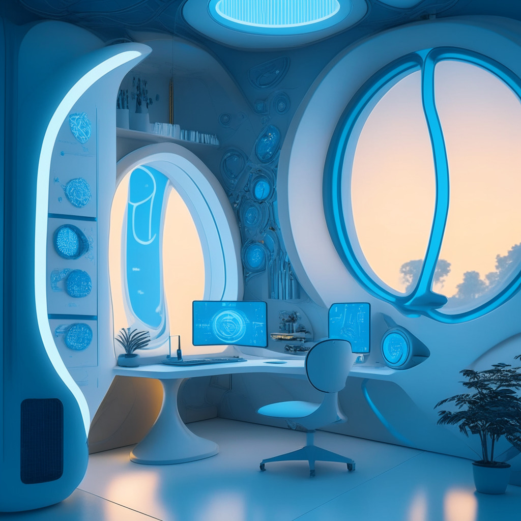 A futuristic workspace with the AI assistant, 'Copilot', actively integrating with windows and other interfaces, art nouveau style, bathed in the soft, glowing ambience of early morning blue light. It'll depict the simultaneous creation and adaptation of a document, symbolizing seamless task automation, cheerful mellow atmosphere, mentioning neither brands nor logos. The faintly visible holographic dollar bills symbolize added expenses, a subtle nod to privacy concerns, expressed through scattered digital footprints.