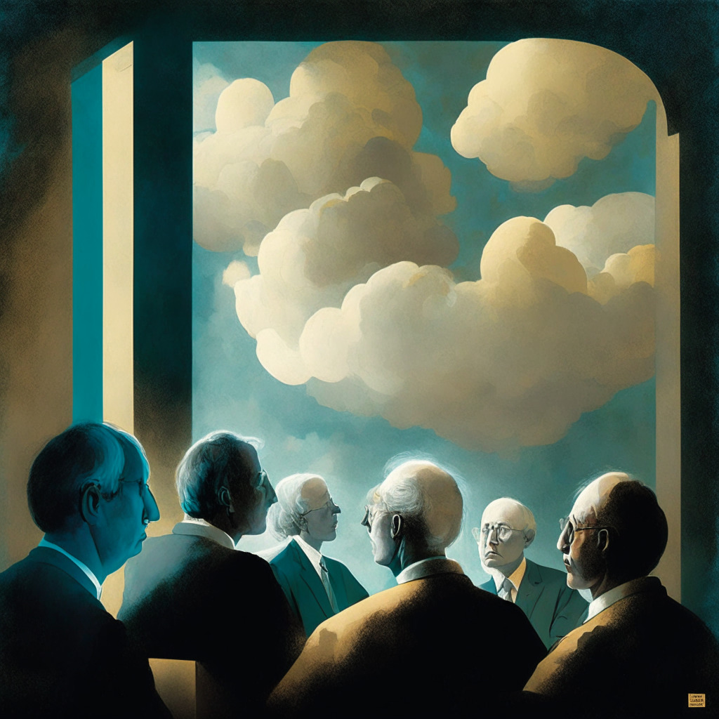 A symposium of distinguished professors offering divergent viewpoints on AI regulations, lit by the soft glow of contemplation. A muted, academic color palette paints a sophisticated tableau. Skepticism and optimism are personified through passionate expressions, underpinned by a cloud of uncertainty. Mood is one of intense discourse and thoughtful reflection.