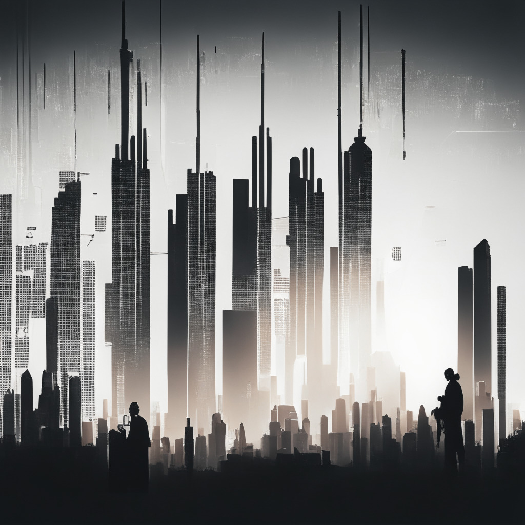 A futuristic grayscale cityscape filled with thriving tech industries, silhouetted against a glowing sunrise to symbolize the arrival of the AI revolution, An oversized chart graphic soaring upwards, representing a surge in AI stocks. The city is buzzing with activity, the atmosphere imbued with a moody optimism, reflecting the mix of excitement and prudence illustrated in the article. The sky transitions from twilight darkness to morning brightness, visualizing the 'cusp' of a new technological era.