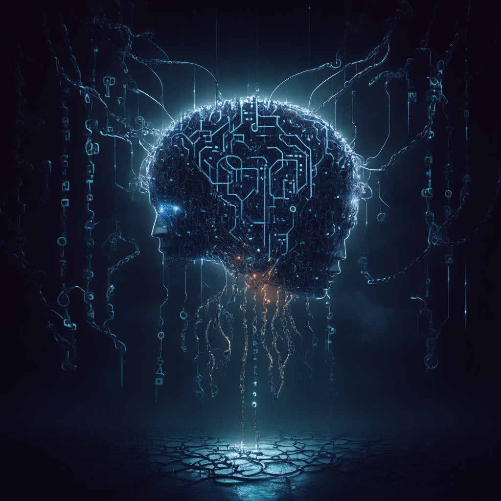 Conceptual representation of AI and blockchain, collision of cybernetic brain and digitized chains, twilight atmosphere for a sense of caution, strong contrast between light and darkness emphasizing the double-edged nature, ethereal glow around AI depicting efficiency and risks, coded language subtly embedded in the background, cerebral, sublime and dramatic mood.