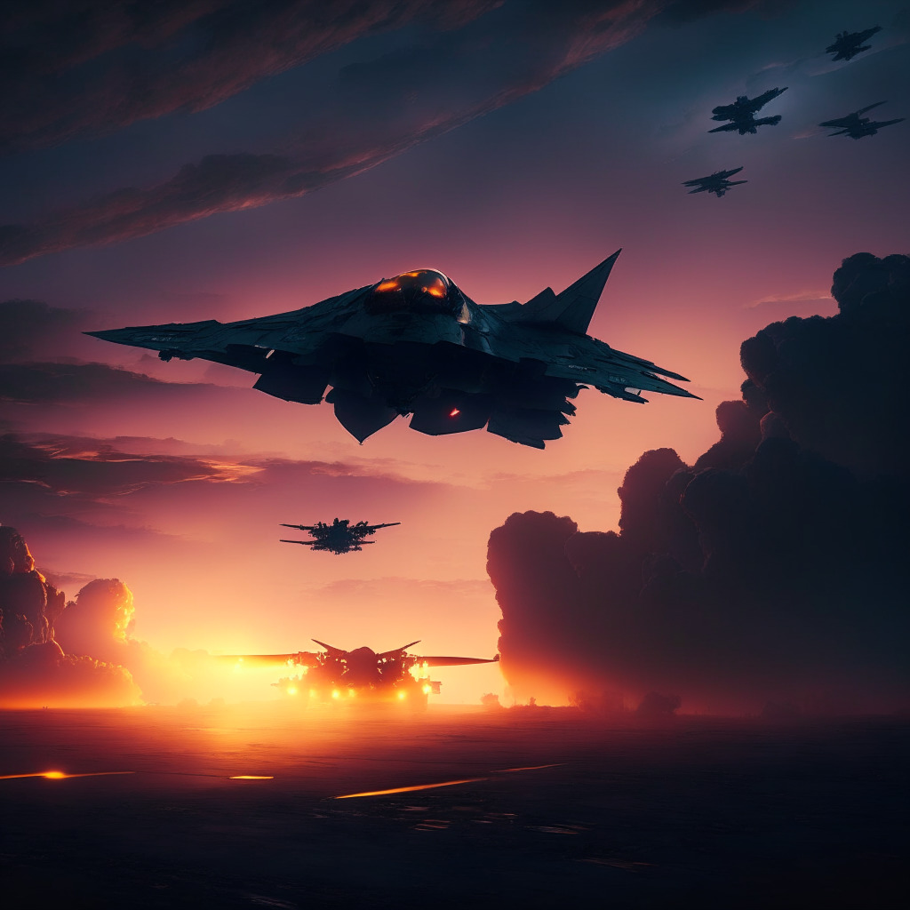 A late 21st-century, AI-driven battlefield under dramatic twilight sky, with a Eurofighter aircraft flying over advancing autonomous military attributes. Mood: an uneasy blend of awe and uncertainty, saturated with advanced, ethereal technology. Light setting: Striking interplay of gloomy shadows and intense, backlit highlights.