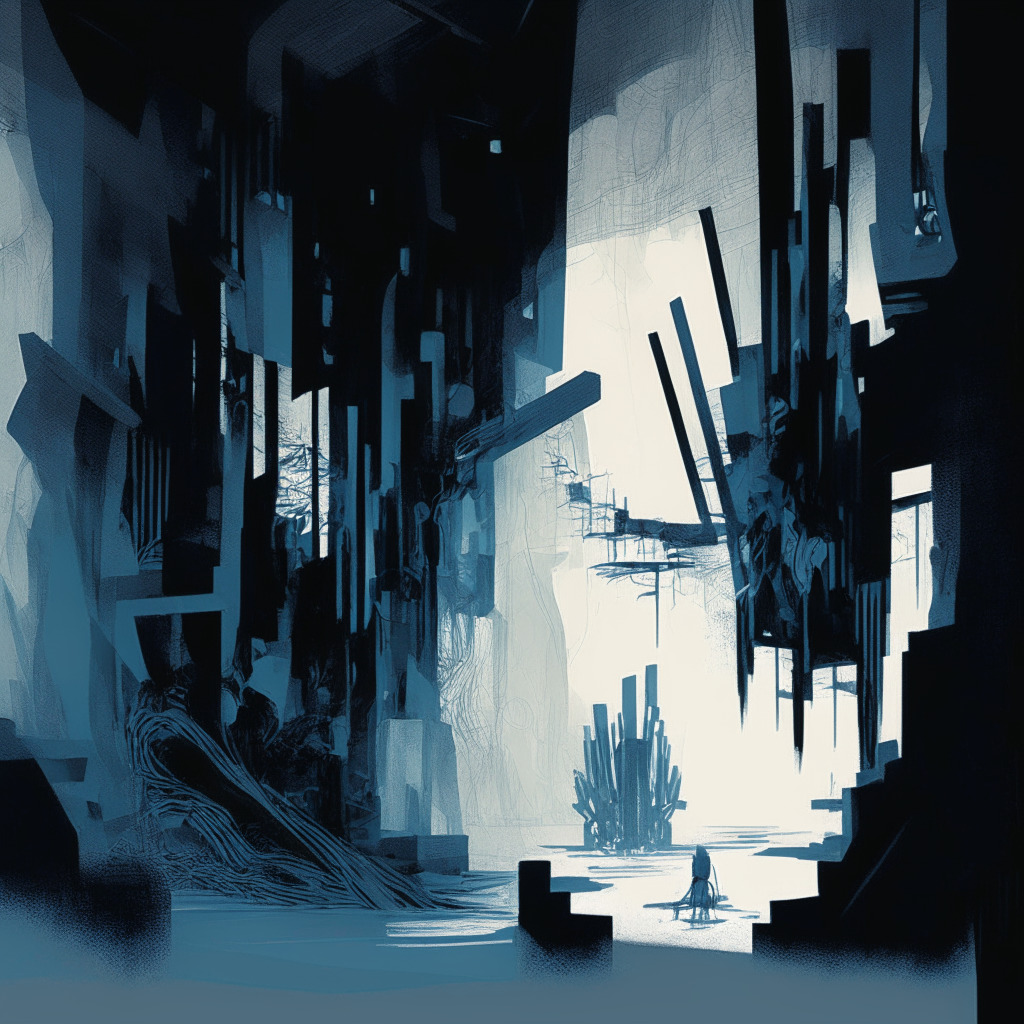 An abstract digital landscape representing the melding of human and machine creation. The scene should blend traditional, hand-sketched details with pixilated, AI-like elements. Use a palette of subdued, pensive blues and grays, illustrating an ambiguous mood of intrigue and uncertainty. Light should come from an undefined source, casting ambiguous shadows, representing the blurred line between human and AI-generated content. Include symbols of knowledge like a book, and tech elements like a circuit board.