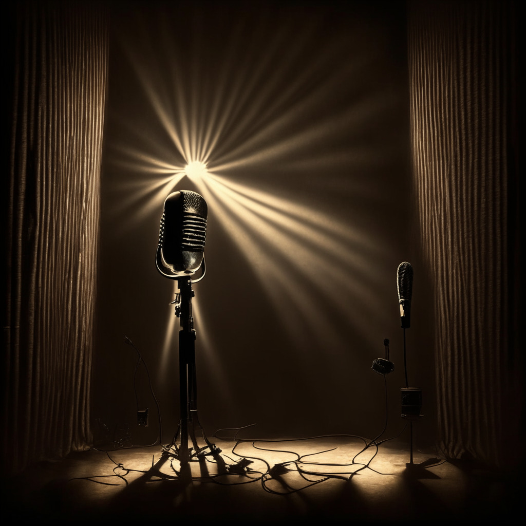 A dramatic scene under a spotlight illustrating the clash between tradition and technology in the music industry. The foreground: a traditional microphone standing tall, background: an AI interface with sheet music on it. The art: chiaroscuro style, the light: dim with sharp contrast, the mood: contentious yet hopeful of harmony.
