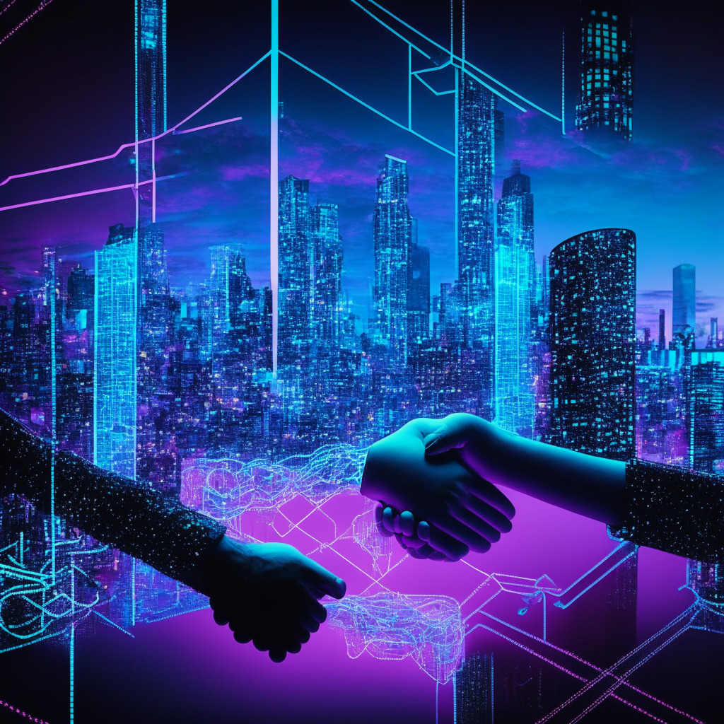 Australian bank embracing blockchain, Virtual representation of ANZ symbolically shaking hands with the Chainlink icon, Shimmery futuristic cityscape, Technological advancements represented as luminous digital nodes connected by path-like blockchain links, Artistic style: techno-synthwave aesthetic, Light setting: Nighttime skyline with neon lights, Mood of image: Optimistic yet futuristic.