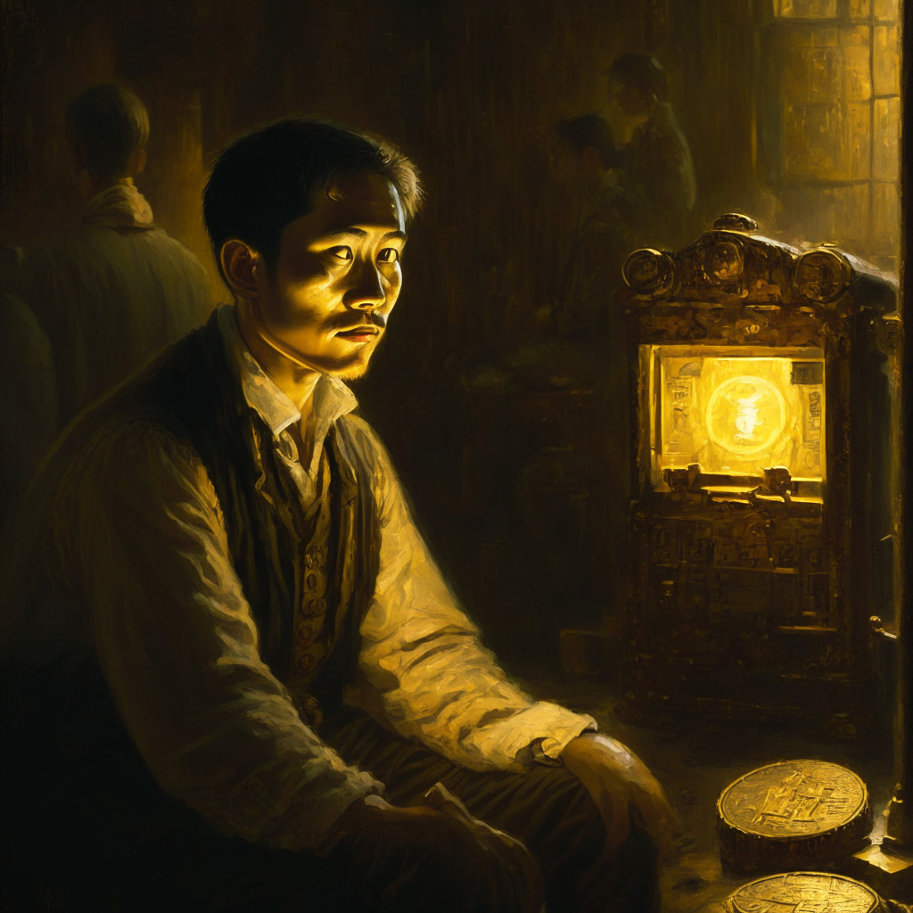A Victorian-style painting presenting a Bitcoin miner named Chun, gazing at a glowing golden Bitcoin. He is in a dimly lit room filled with antique machinery indicating crypto mining. The painting is captured in a dramatic chiaroscuro light setting, with a bit of trepidation on Chun's face reflecting an ethical dilemma. The Bitcoin shines brightly, signifying an unexpected windfall. Bits of coded data float around the room, representing the feedback from the crypto community.