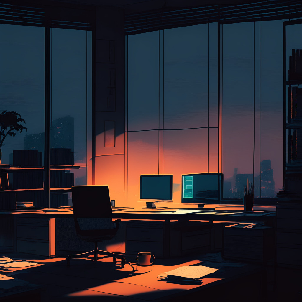 A twilight-lit business office, contrasted by the radiant glow of a digitally-skewed Bitcoin on a sleek desktop monitor. Modernized ledger books and balance sheets surround the computer, hinting at transformation. Mood subtlety treads between the potential boon of change and the shadowy concerns of risk. Hint of Impressionist style enlivens the scene.