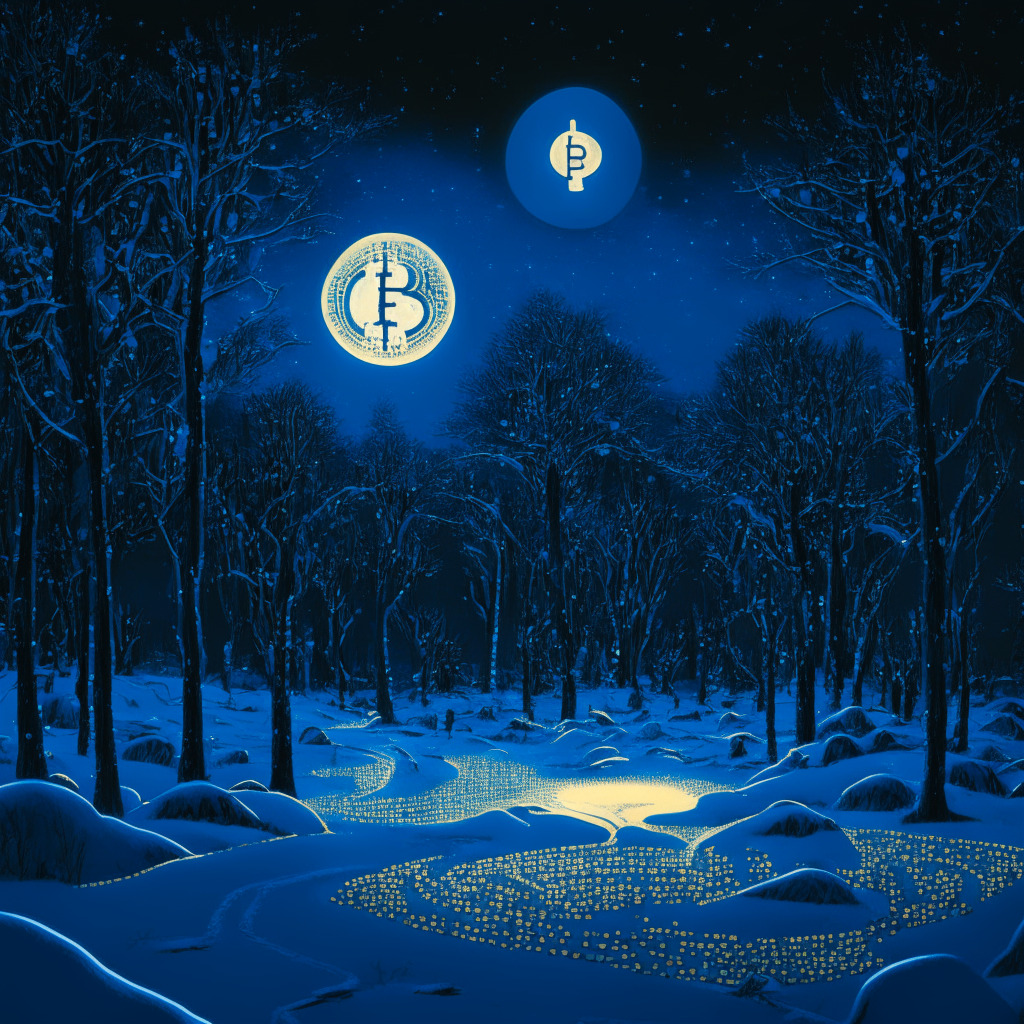 A moonlit winter landscape bathed in shades of cryptic midnight blue, symbolising the crypto winter. Silhouettes of developers, signifying blockchain entities, traverse a crossroads. One path is enveloped in gold signifying monetary considerations, the other illumined by radiating digital symbols hinting at computational prowess. Brightly glowing, reduced-sized coins denote cryptos under their peak values whilst an artistic representation of a blueprint soaked in price-tags floats above, a symbol of Alchemy's new affordable plan. Mood: Challenging yet hopeful.