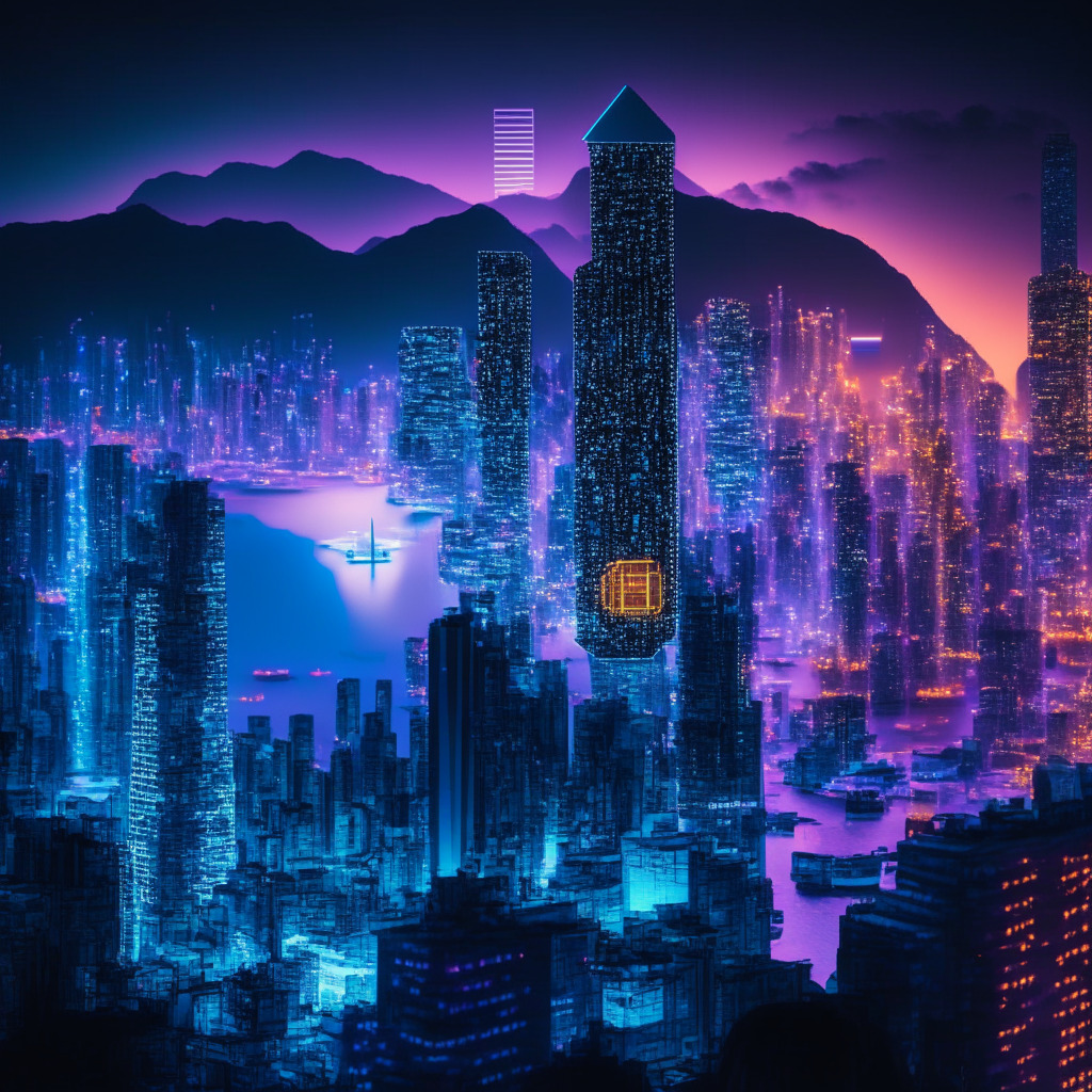 A futuristic Hong Kong cityscape at dusk, underlined with soft glowing neon lights. In the foreground, a fortified digital wallet holographically showcasing BTC and ETH symbols, reflecting Hashkey's penchant for security. Middle ground reveals a glowing insurance policy, symbolizing protection courtesy of OneDegree. Background paints towering skyscrapers, symbolizing the thriving crypto market, and their windows glow golden, representing the hopeful investor community.