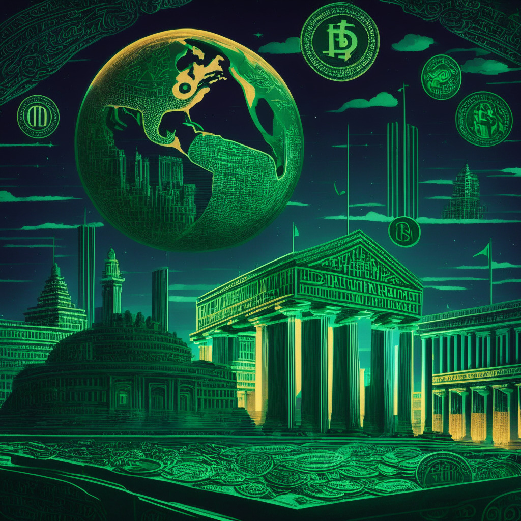 Depict a mixture of traditional and futuristic motifs, illuminated by twilight lighting. Foreground illustrates world landmarks to symbolize global expansion, background showcases a symbolic representation of Arkansas to reflect the acquired license. Add a blend of dominant financial symbols to signify fiat currencies and subtle textures of crypto-icons like Bitcoin and Ether. Drape the entire scene in hues of green to typically represent economic growth, and a touch of golden hues alluding to Alchemy. In the middle, visualize a long pathway that hints at the journey across the regulatory landscapes and the many stepping-stone milestones ahead, creating a crescendo of anticipation. The overall atmosphere should resonate a combination of excitement, tension, and ambition in a dynamic blend. Express an artistic style, invoking the style of futurism to represent the evolving crypto industry.
