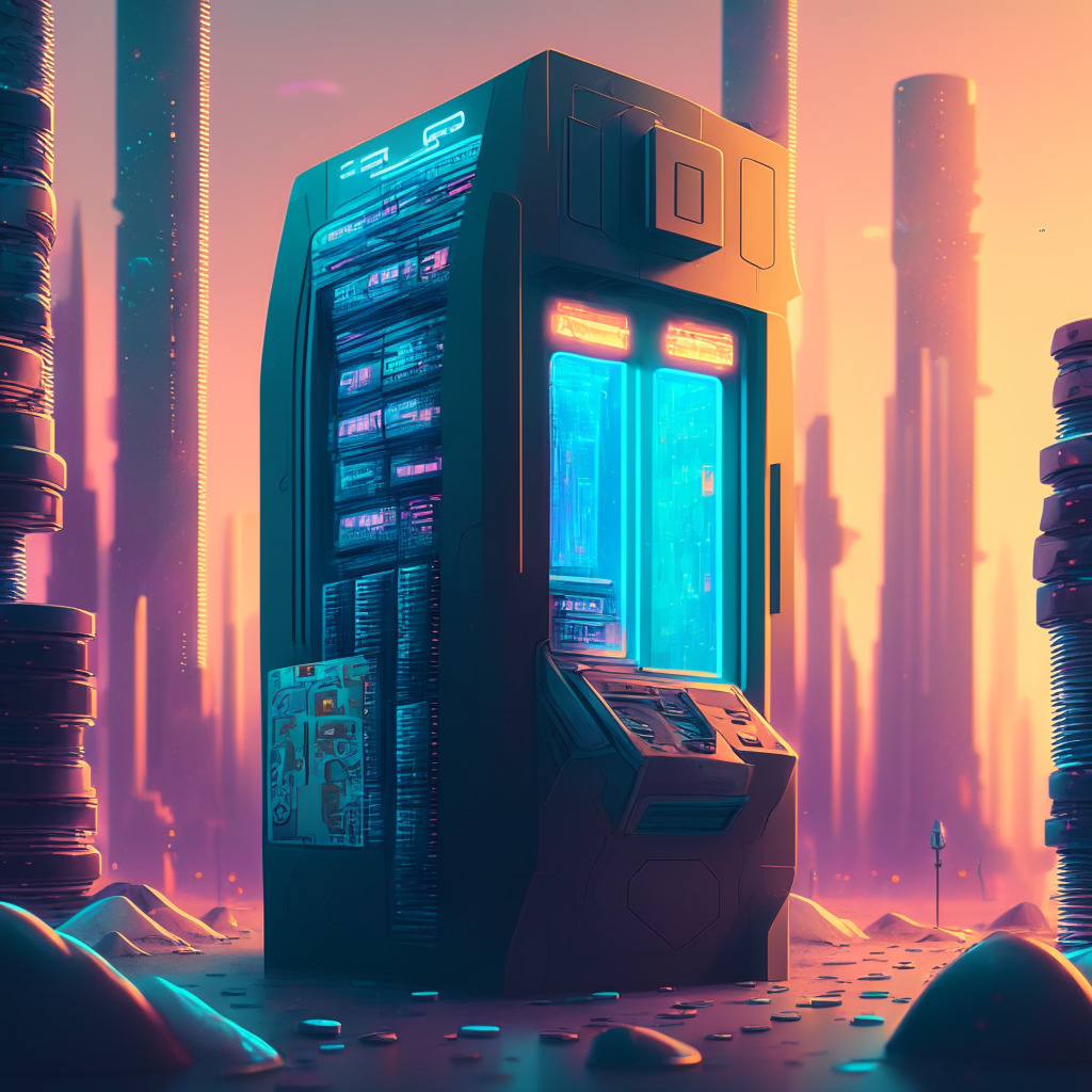 An abstract finance-inspired landscape depicting the thriving world of Web3 and NFT gaming, dawn lighting sets the scene across a futuristic cityscape, imbued with a vending machine-esque style. Dominated by computer chip structures, representing the digital collectibles & blockchain games fund by Alpha Protocol Ventures. The mood, hopeful yet challenging.