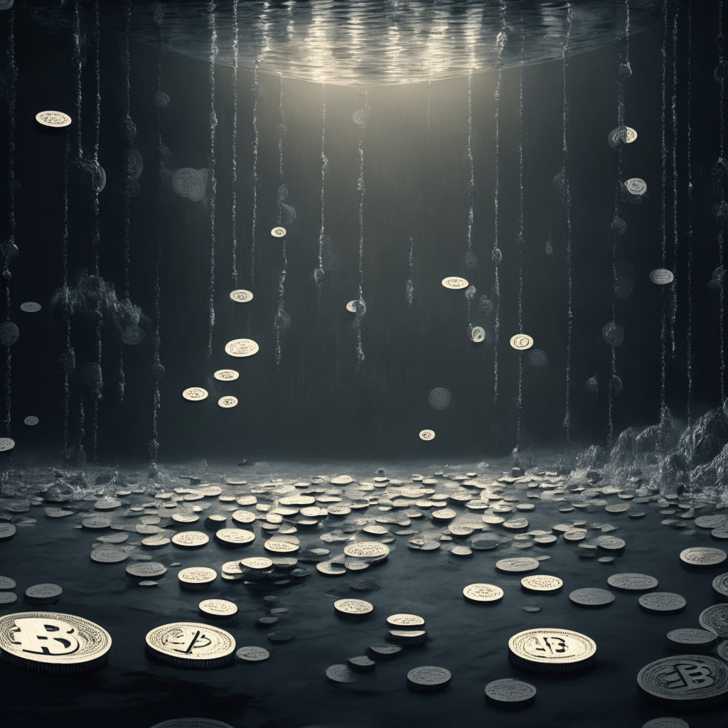 A virtual landscape depicting an array of suspended altcoins bathed in dim, greyish hues, progressively flowing towards a brighter area, symbolizing Bitcoin's gain. The overall mood is reminiscent of a classic, Rembrandt-style chiaroscuro, instilling a sense of drama, uncertainty, and eventual triumph. Meanwhile, stakes symbolized as minor floating elements recede away.