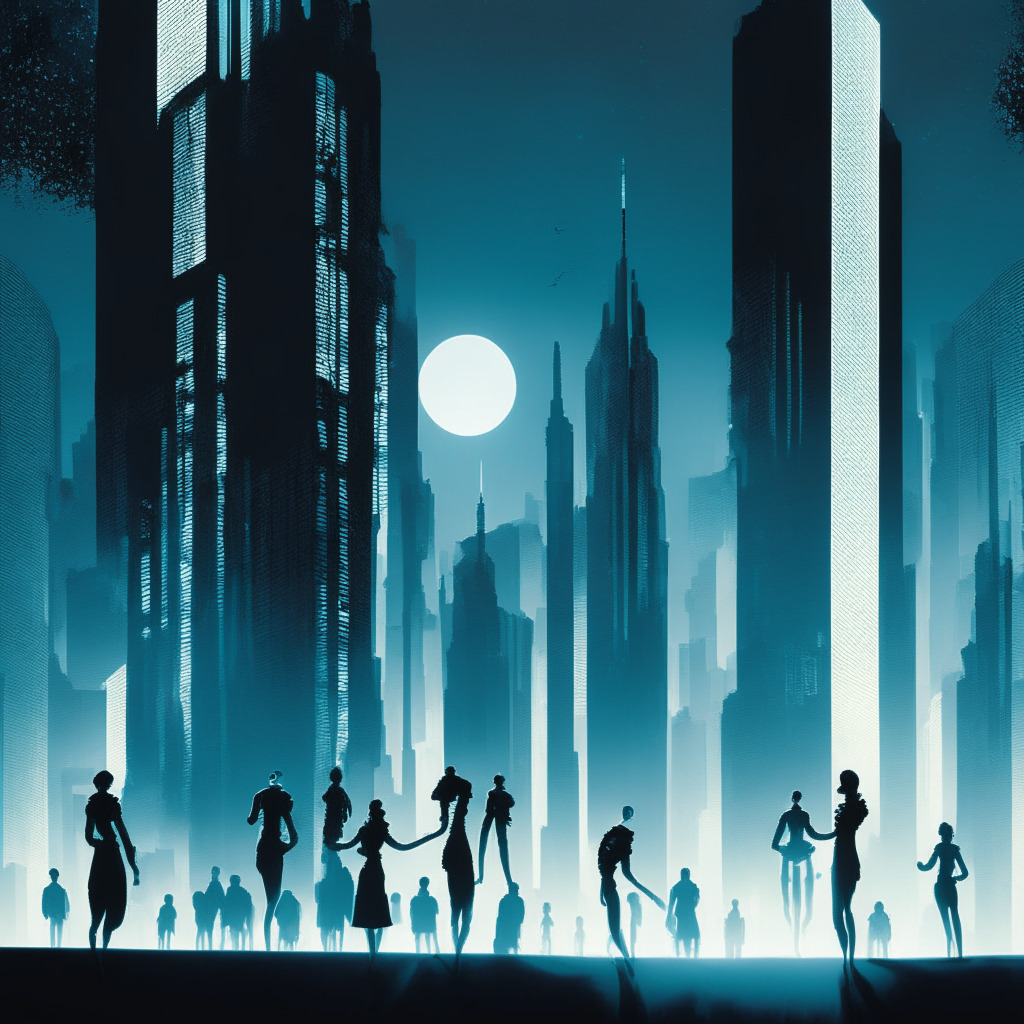 A futuristic cityscape bathed in ethereal moonlight, with citizens engaged in self-improvement activities like running, reading, or meditating. Larger-than-life silhouettes of law books tower in the background, their shadows dancing across modern smart contracts encrypted onto sleek glass tablets held by the citizens. The mood is a mix of ambition and caution, underscored by the chiaroscuro lighting, with bright optimism clashing with mysterious dark depths. The artistic style mirrors cautionary dystopian realism, reflecting the promise and unease of blockchain's potential.