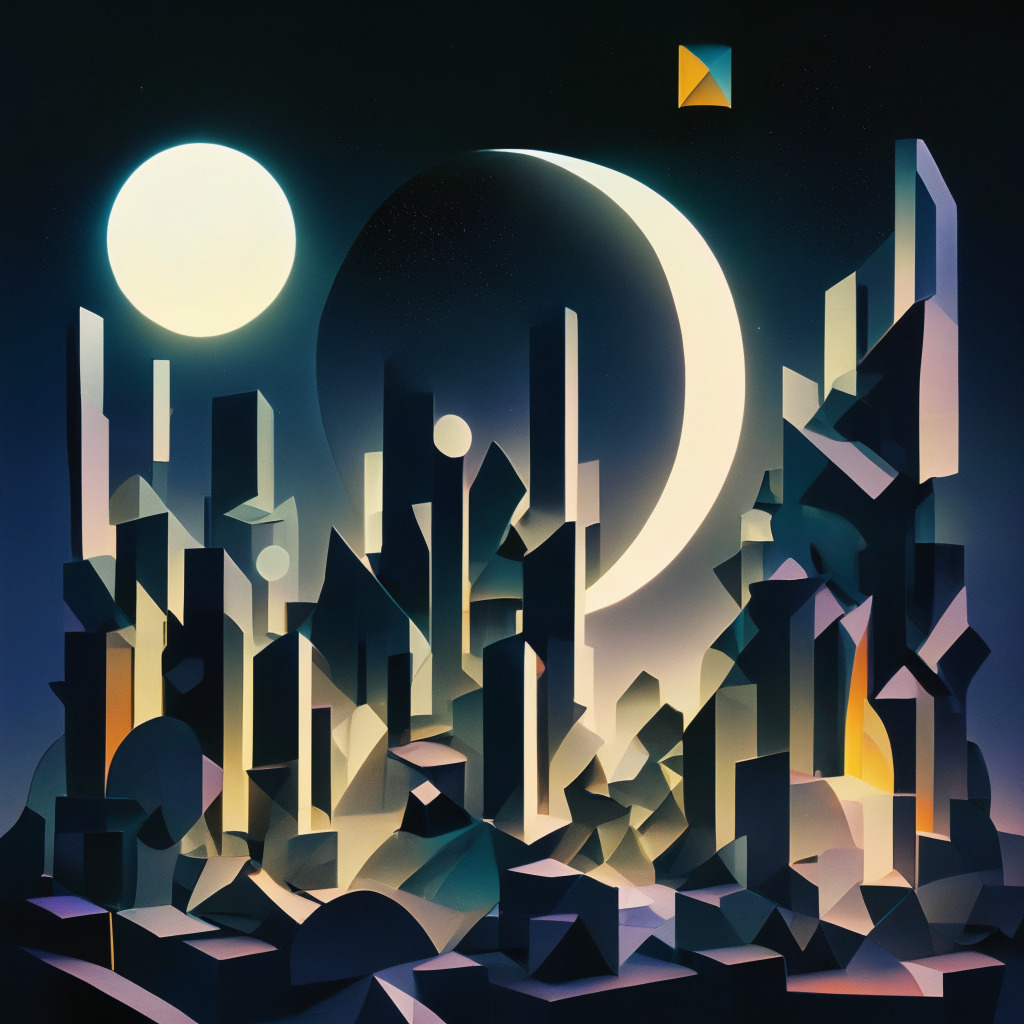 An abstract futuristic financial landscape illuminated by moonlight, Twisted numerical symbols representing cryptocurrencies including Bitcoin, fill the sky. A divide on the horizon, one side in darkness symbolizing potential hurdles, the other bathed in soft light, indicating expected growth. The mood is uncertain but hopeful, Modelled in a cubist style.