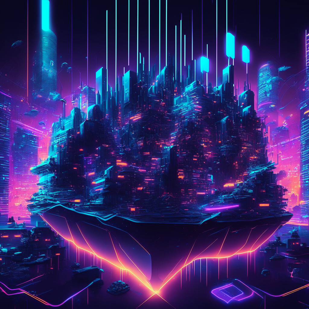 Dense financial landscape filled with 3D stock and cryptocurrency charts, futuristic cityscape shimmering with neon lights. Centerpiece: a massive glowing Web3, surrounded by floating digital gaming avatars. Mood: dynamic, mysterious yet optimistic. Art style: blend of cyberpunk and tech-noir.