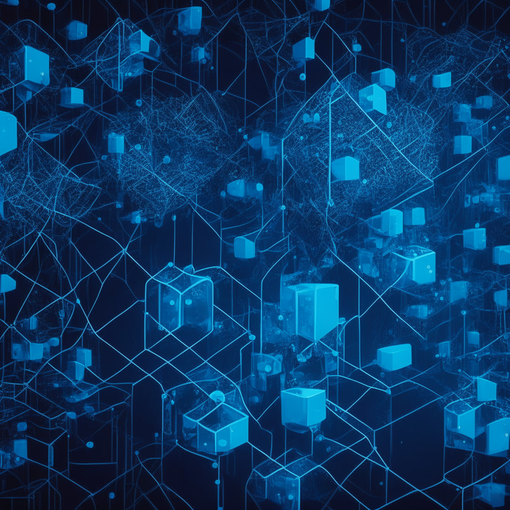 An abstract image of interconnected cryptographic structures, taking inspiration from cubist and minimalist art, in a tranquil set of cool blues. The blockchain nodes glow softly against the dim, dusky environment, symbolizing emerging technologies in privacy-focused blockchain. The image evokes a sense of mystery and intrigue to represent the challenges and potential implications in this unexplored territory.