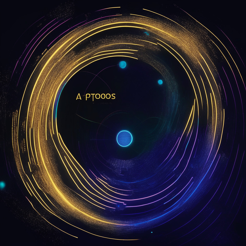 An abstract depiction of the crypto universe with Aptos' distinguished Layer 1 protocol in center, resonating with energy as 20 million tokens unlock. Use subdued hues to evoke a bearish market sentiment, soft light source on the protocol, casting long shadows symbolizing a forthcoming ripple effect in the crypto-market. Emphasize suspense and volatility.