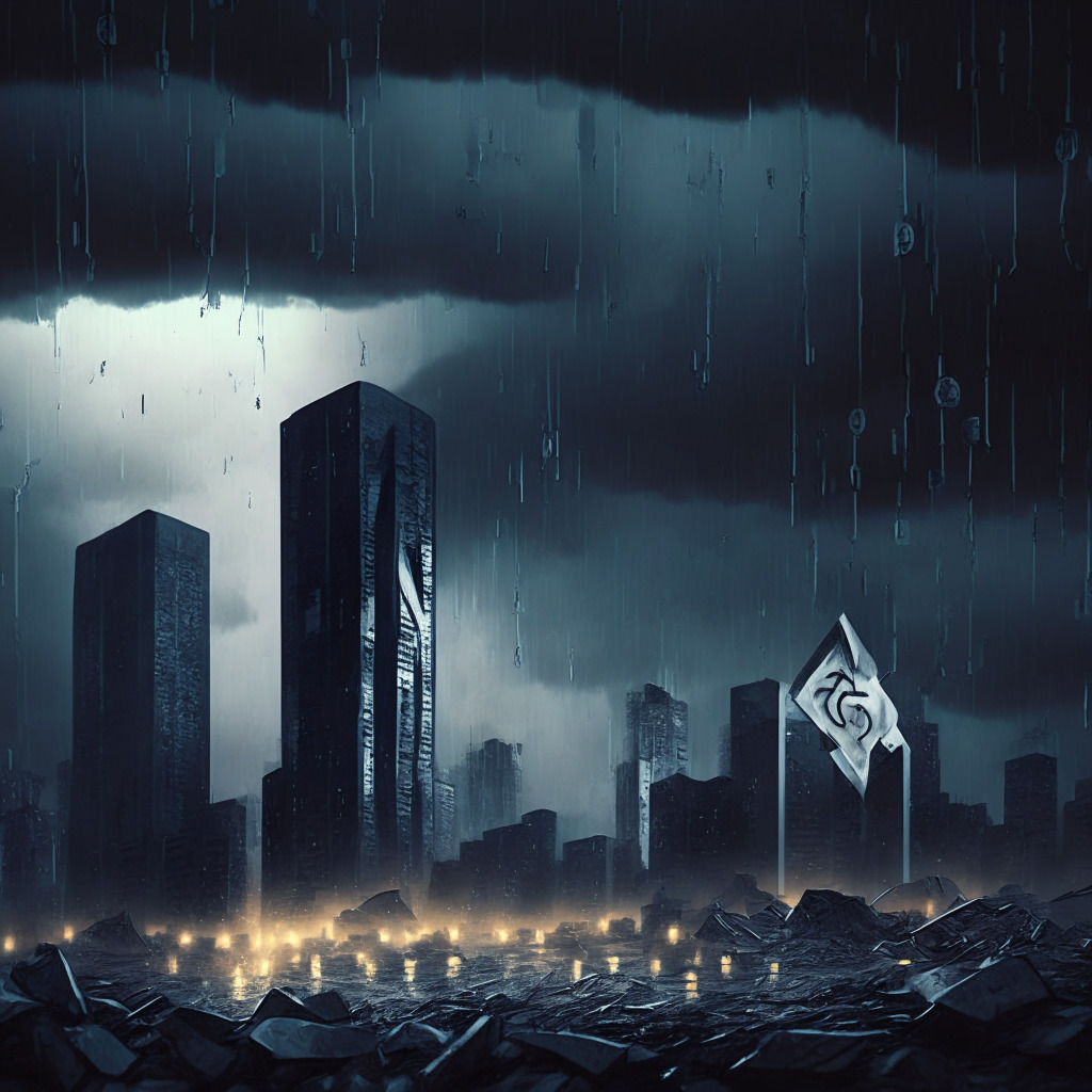 Gloomy, somber cityscape at dusk with ominous clouds and falling currency symbols depicting Arbitrum's sharp price drop, Tall buildings signifying Ethereum and competitors subtly towering over a crumbling 'Arbitrum'. Faint glow from app icons on the ground illustrates declining dApp activity, and a small billowing 'DAO treasury' to reflect its insignificance in price correction.