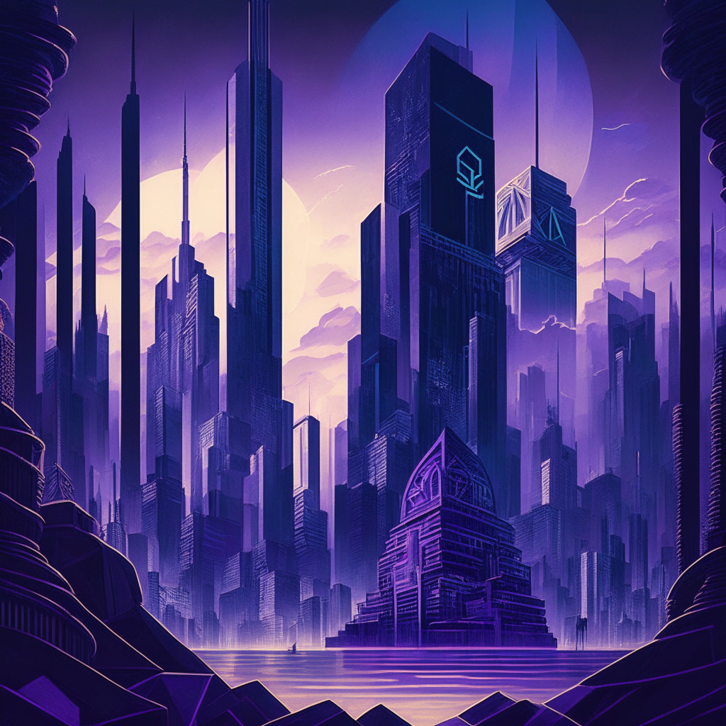 A modern cityscape at twilight, representing the crypto market's uncertainty, with towering structures signifying Arbitrum's DAO power. Mix of Art Deco and Futurism reflects Ethereum's layered nuances. Dominant backdrop of blues and purples suggest high-stakes, intrigues. Foreground with an unclaimed treasure chest, symbolizing unclaimed ARB tokens transferred to the treasury.