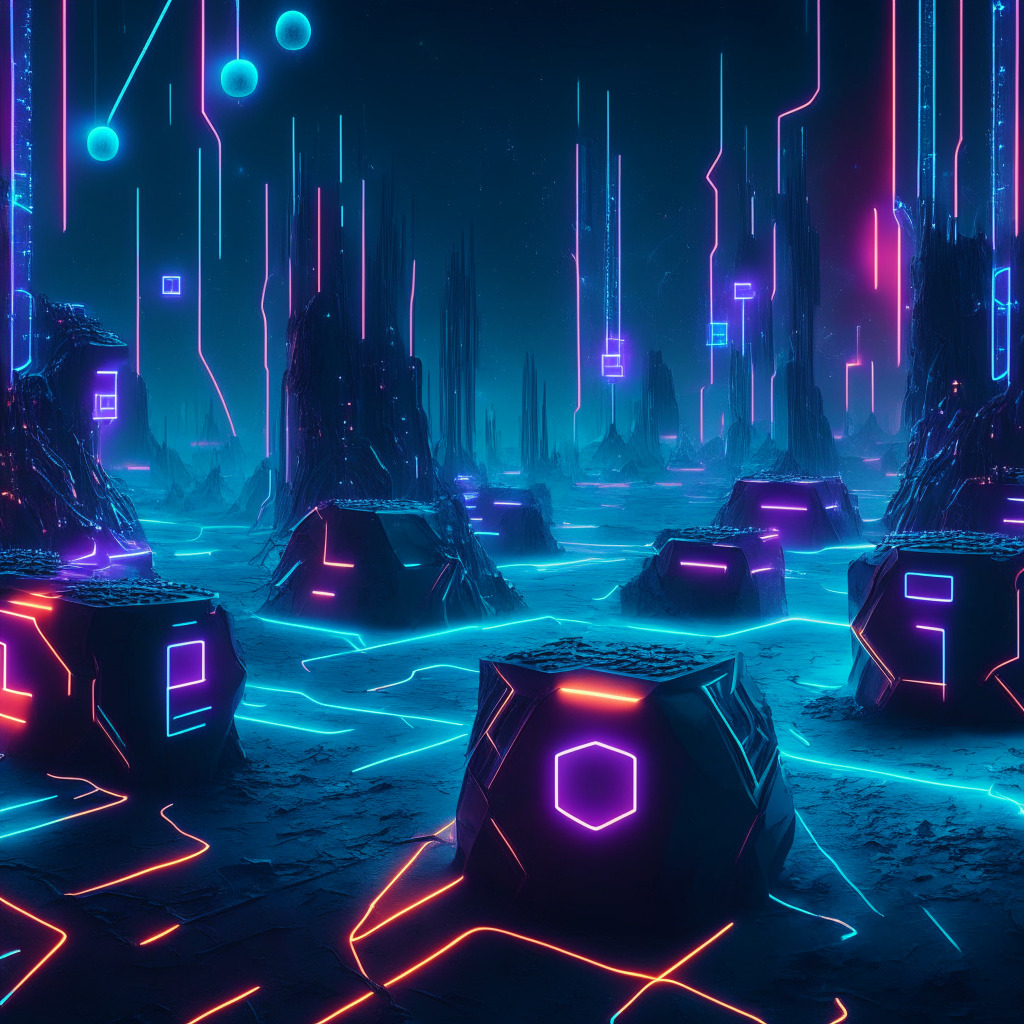 A futuristic cyber landscape illuminated by neon lights, to depict the high stakes blockchain security arena. In the foreground, a tense standoff between monolith-like structures symbolizing crypto validators and minute, glowing orbs resembling adversaries. A complex network of luminous trails representing Arbitrum's multi-layer fraud proofs has a protective aura, untouched yet formidable, casting a silvery glow that dominates the setting. A group of 12 larger, bright spheres hovers, indicating the provisional group of validators. The scene conveys an anticipatory mood, underpinned by an air of quiet triumph and undisturbed vigilance. Desired art style is reminiscent of modern tech-noir expressions.