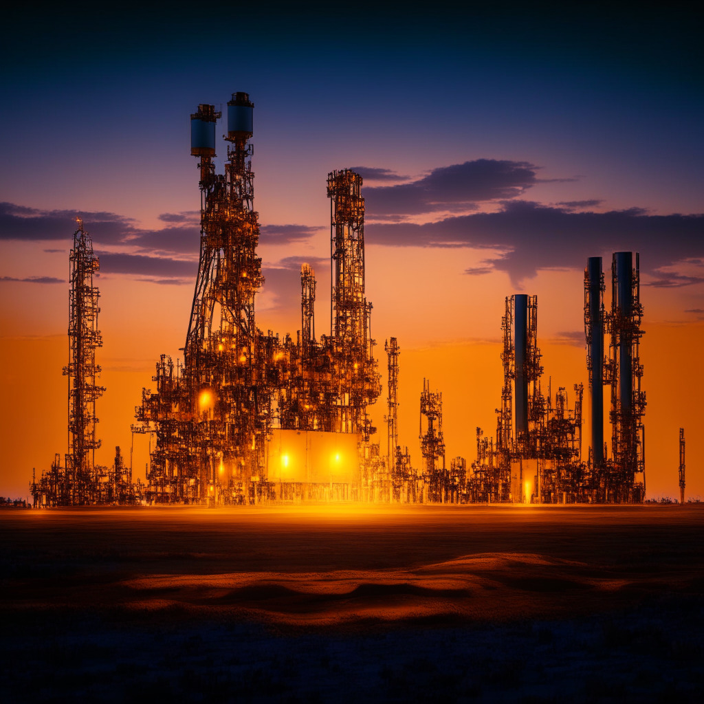 An expansive oil field in Argentina at dusk, orange light reflecting on the industrial machinery. In the foreground, associated gas wells are depicted, vividly emitting a luminescent aura. In the background, a plugged-in cryptocurrency mining rig, softly humming and glowing, a symbol of an emerging digital economy. The mood is anticipative, showcasing a unique blend between conventional and modern industries, under a hint of skepticism and curiosity.