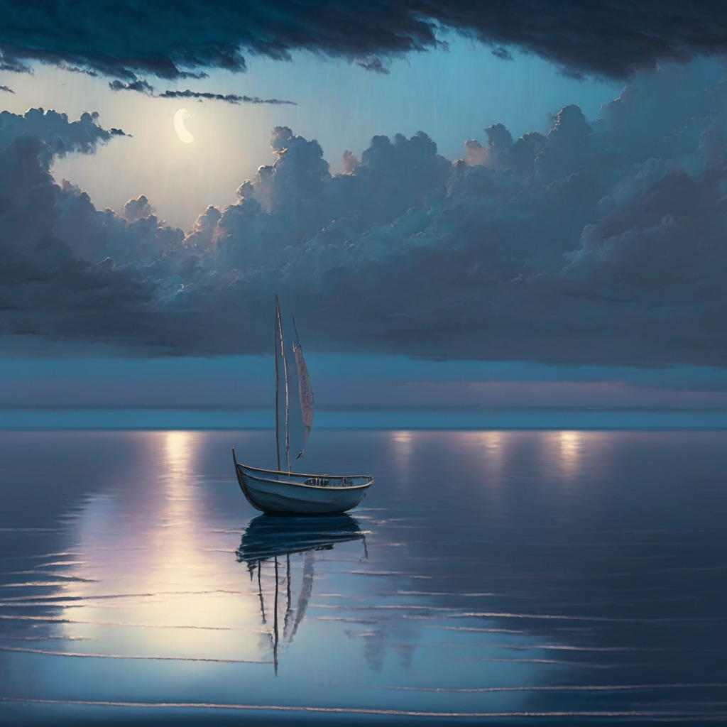 A serene scene of a placid sea with an anchored boat, the boat is Bitcoin, shimmering under the calm twilight sky lit with shades of pastels, symbolizing the stable nature of Bitcoin amidst the stormy market conditions. The horizon is filled with looming storm clouds, signifying the understated sense of uncertainty and tension in the Bitcoin market, the current calmness hinting at a future shift or breakout. The image is delicately painted in an impressionistic style, capturing the tranquility before the drama unfolds, the anticipation, the calm before the storm. The overall mood is one of tentative peace and caution-tinged optimism.