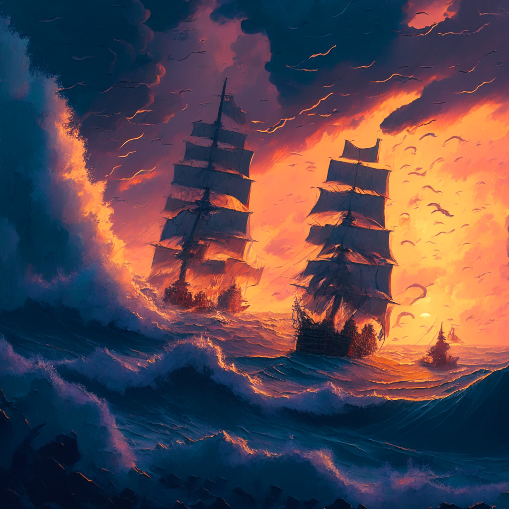 Stormy seas in sunset hues, massive ships unloading shimmering coins into the turbulent waters, signifying the sell-off of assets. The atmosphere is tense, full of uncertainty. In the distance, a tiny boat navigates the waves, its sailors watching the chaos yet determined, symbolizing the vigilant investors amidst the volatility.