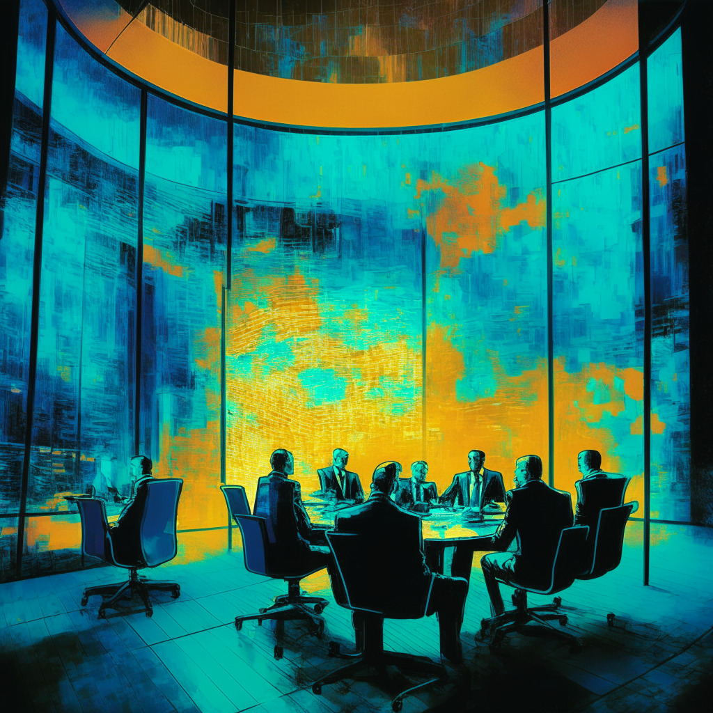 Dawn-lit boardroom with asset managers analyzing a vibrant holographic display of digital assets, five-year growth chart soaring upwards. The mood is optimistic, painted in Van Gogh's expressive style. Reflecting a positive outlook despite uncertainties, a hint of futuristic architecture.