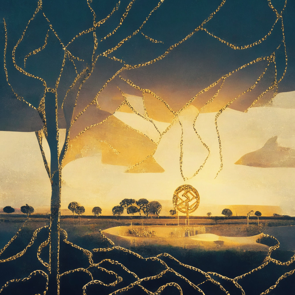 A dimly lit yet hopeful Australian landscape at sunrise, a looming symbol of a digital coin woven from golden threads of light amid clouded regulatory skies. An abstracted image of a broken chain repaired slowly, floating over a simplified depiction of a banking building, illustrating the elusive tie between banking and crypto. A hint of Impressionism, evoking uncertainty yet optimism.