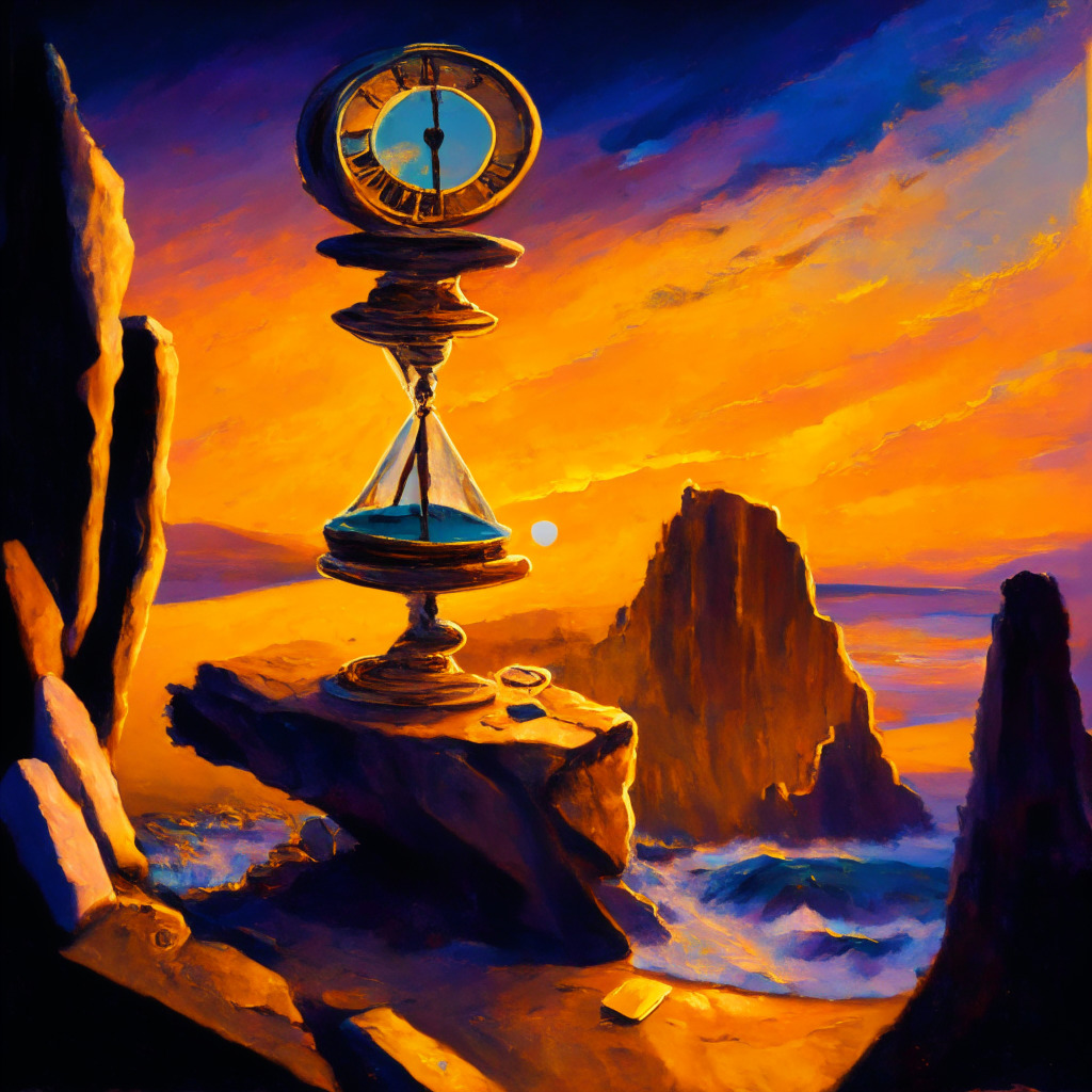 A balance scale turning on a high cliff, one side holding a golden cryptocurrency coin and on the other, an hourglass nearing empty. The scene is painted in vibrant hues of sunset, casting long and dramatic shadows. The image is done in an impressionistic style, the swirling brushstrokes expressing the tension and urgency of the situation. The mood is tense yet hopeful.